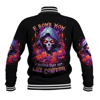 Black baseball jacket with skull rose graphic on back and striped ribbed cuffs