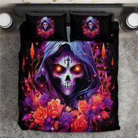 Black bedding set with hooded purple skull art and colorful roses; includes two pillowcases