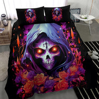 Black duvet and pillow set with glowing purple skull face, roses, and fantasy lights