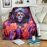 Black skull and rose fantasy blanket with hooded face and glowing eyes