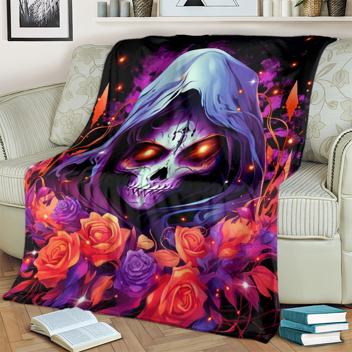 Black skull rose blanket over couch arm and back with glowing accents