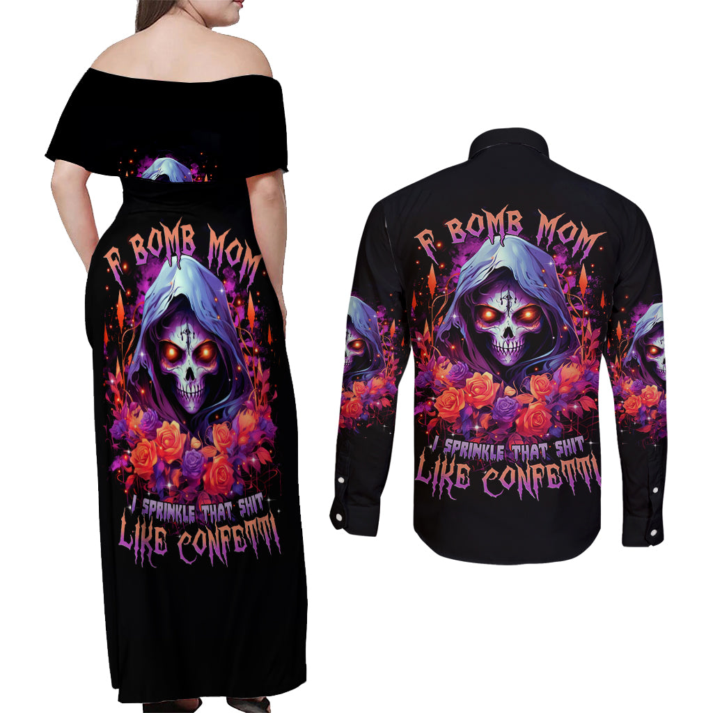 Rose Skull Couples Matching Off Shoulder Maxi Dress and Long Sleeve Button Shirt F Bomb Mom I Sprinkle That Shit Like Confetti - Wonder Print Shop