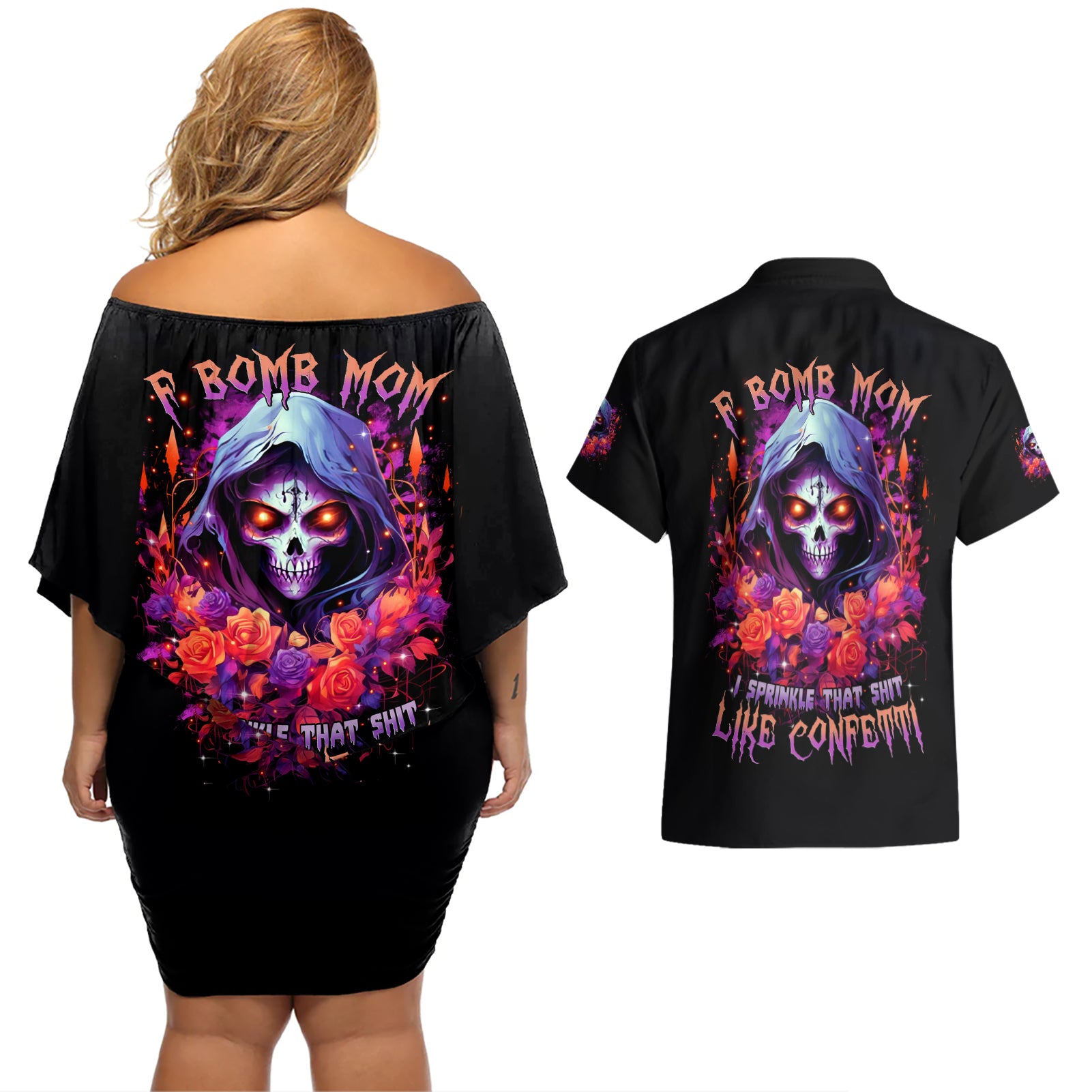 Rose Skull Couples Matching Off Shoulder Short Dress and Hawaiian Shirt F Bomb Mom I Sprinkle That Shit Like Confetti - Wonder Print Shop