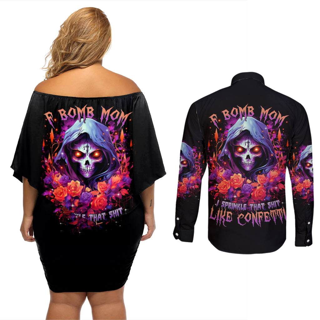 Rose Skull Couples Matching Off Shoulder Short Dress and Long Sleeve Button Shirt F Bomb Mom I Sprinkle That Shit Like Confetti - Wonder Print Shop