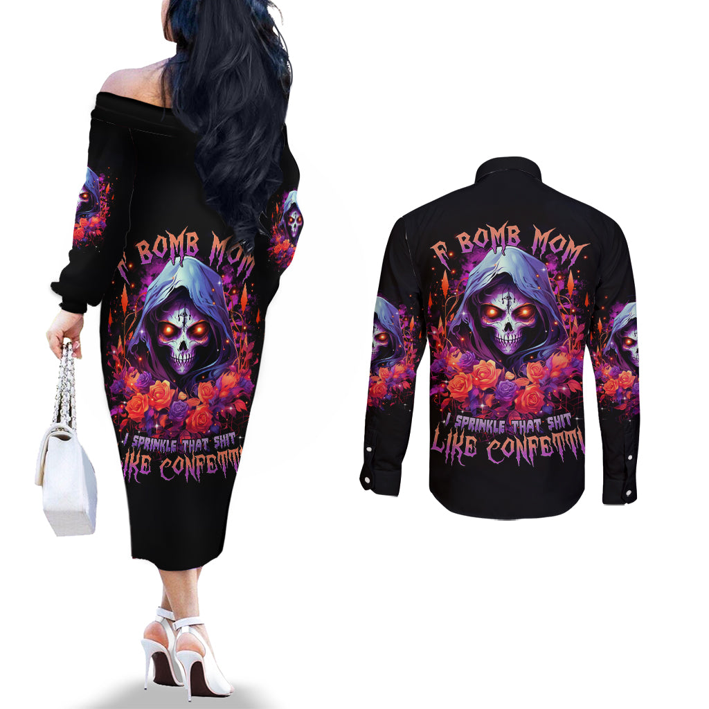 Rose Skull Couples Matching Off The Shoulder Long Sleeve Dress and Long Sleeve Button Shirt F Bomb Mom I Sprinkle That Shit Like Confetti