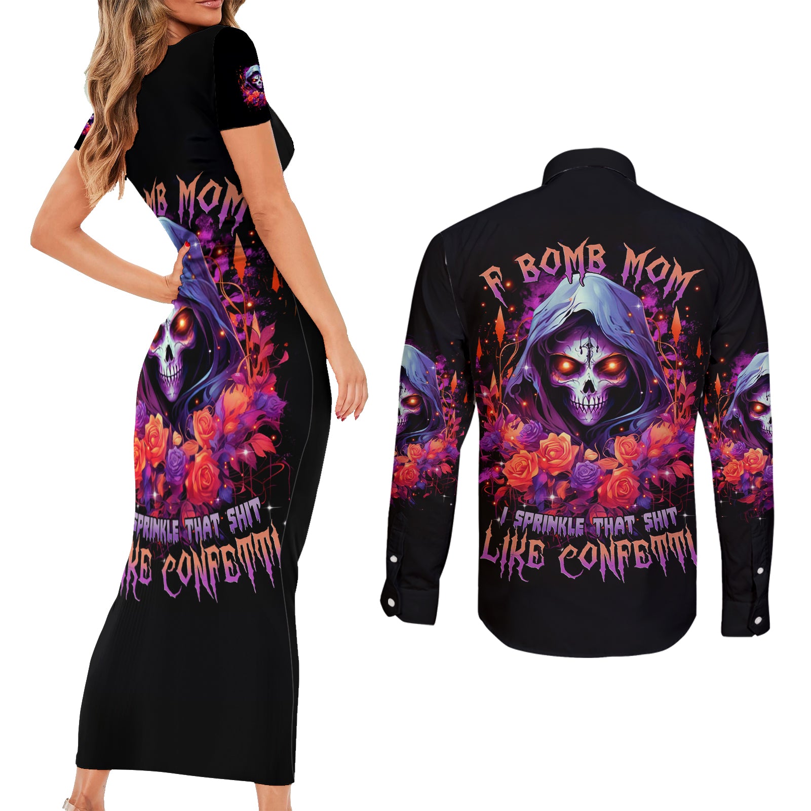 Rose Skull Couples Matching Short Sleeve Bodycon Dress and Long Sleeve Button Shirt F Bomb Mom I Sprinkle That Shit Like Confetti - Wonder Print Shop