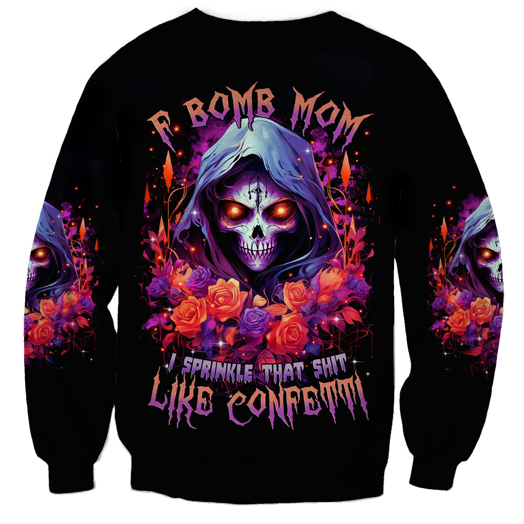 Black unisex sweatshirt with skull mom graphic, roses and fiery lettering on front