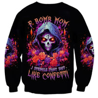 Black unisex sweatshirt with skull mom graphic, roses and fiery lettering on front