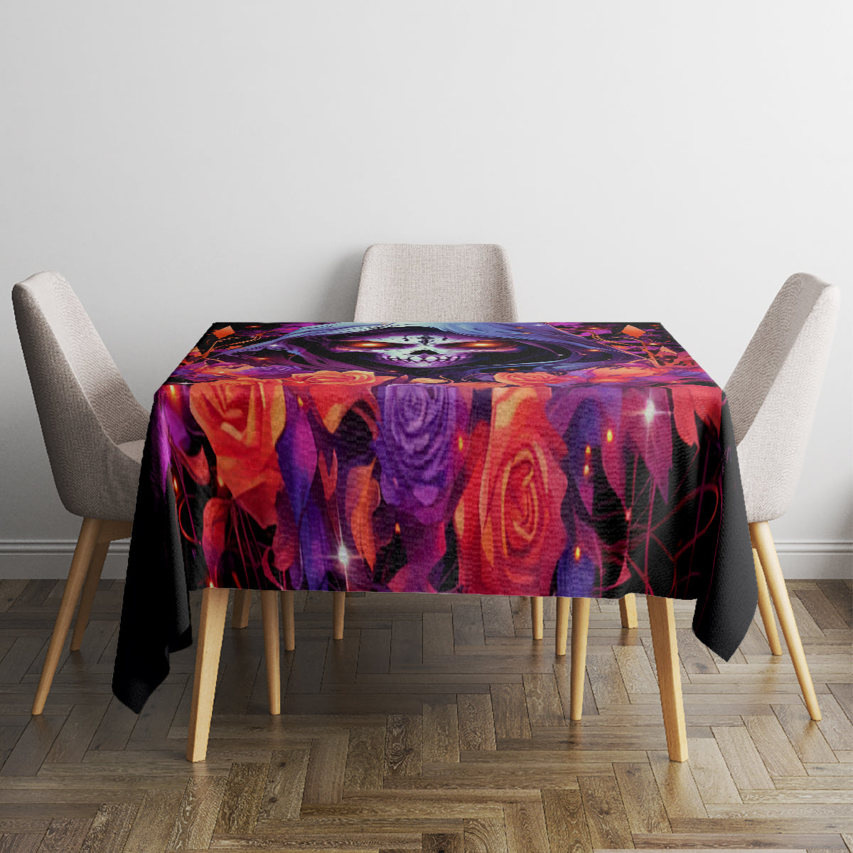Black rose skull tablecloth with vibrant purple and orange graphic, square table