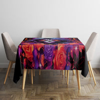 Black rose skull tablecloth with vibrant purple and orange graphic, square table