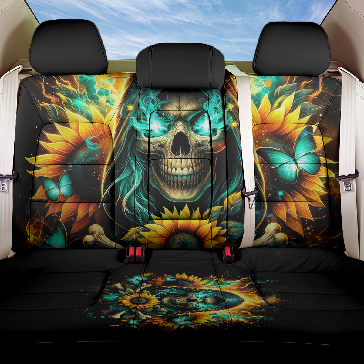 Sunflower Skull Back Car Seat Cover I'm Blunt Because God Rolled Me That Way - Wonder Print Shop