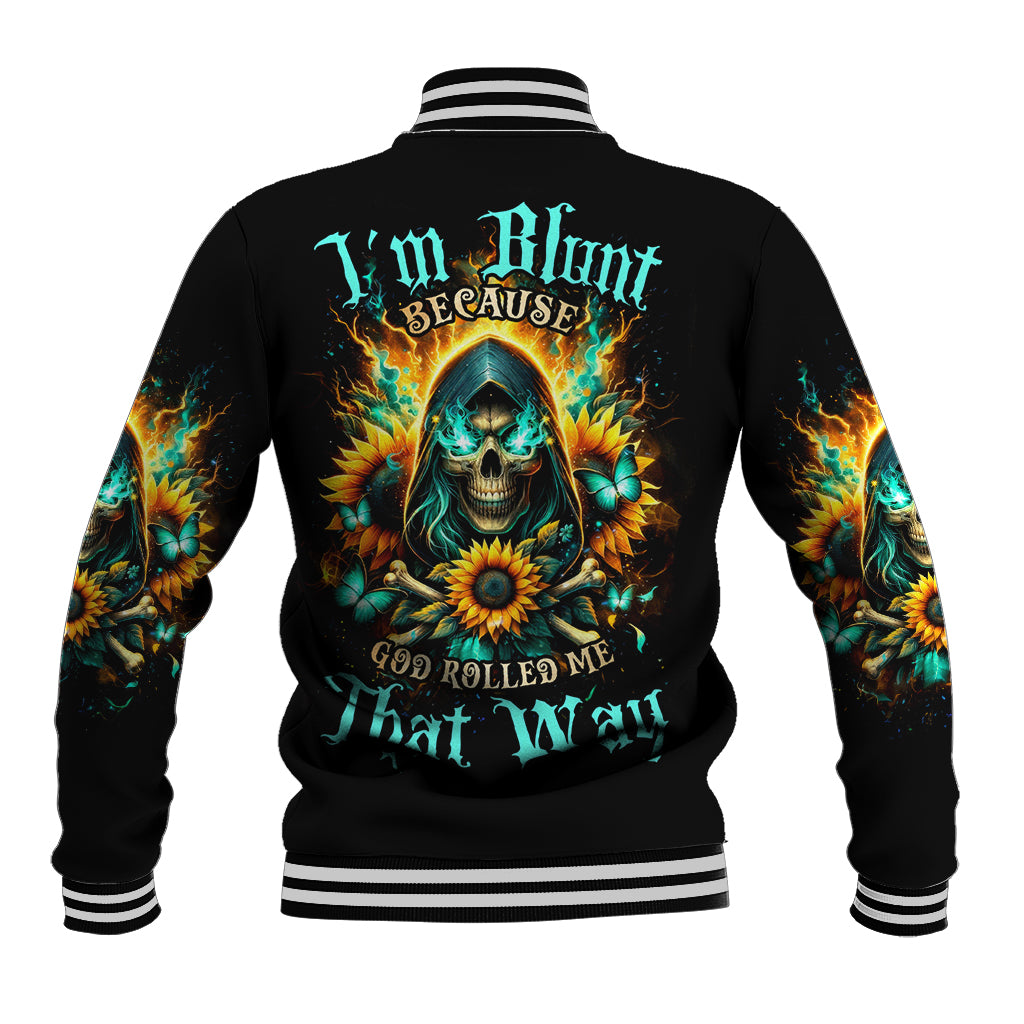 Black baseball jacket with striped ribbed collar and back skull sunflower graphic