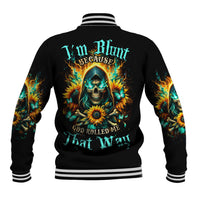 Black baseball jacket with striped ribbed collar and back skull sunflower graphic