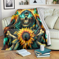 Sunflower skull throw blanket with teal flame hood and golden sunflower centerpiece