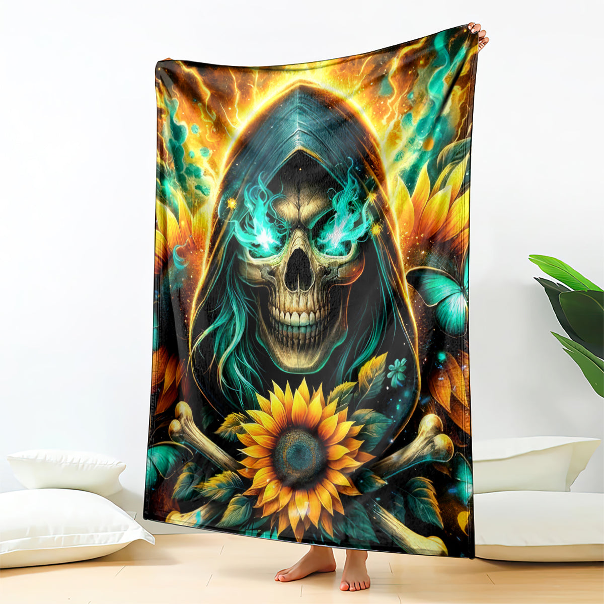 Sunflower skull blanket with glowing teal hood flames and orange sunflower graphic