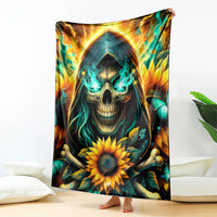 Sunflower skull blanket with glowing teal hood flames and orange sunflower graphic