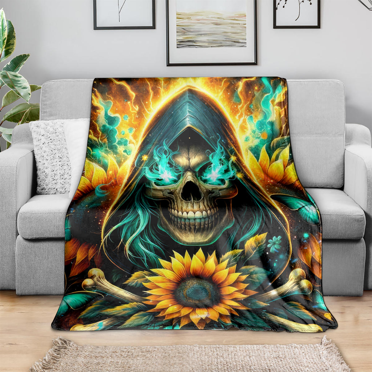 Sunflower skull blanket featuring teal flame skull hood and large yellow sunflower