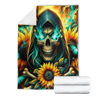 Sunflower skull blanket folded with teal flame hood design and golden sunflower