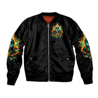 Black bomber jacket with front zipper and teal-gold sunflower skull patch, ribbed hem