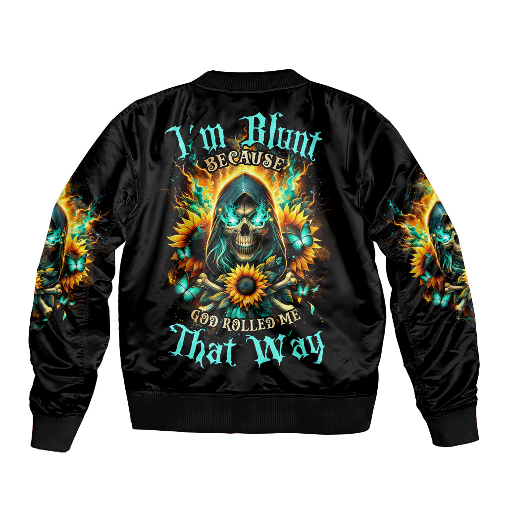 Black bomber jacket with colorful skull and sunflower back graphic, ribbed cuffs