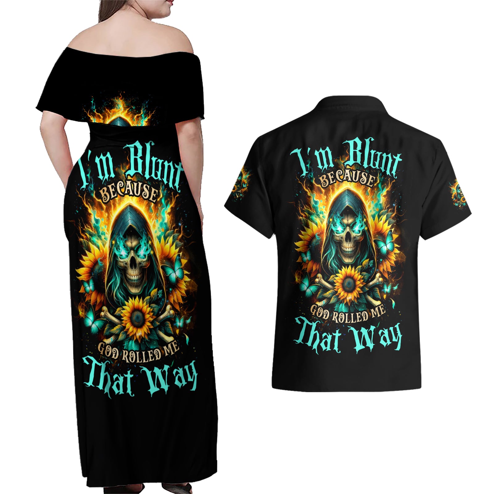 Sunflower Skull Couples Matching Off Shoulder Maxi Dress and Hawaiian Shirt I'm Blunt Because God Rolled Me That Way - Wonder Print Shop