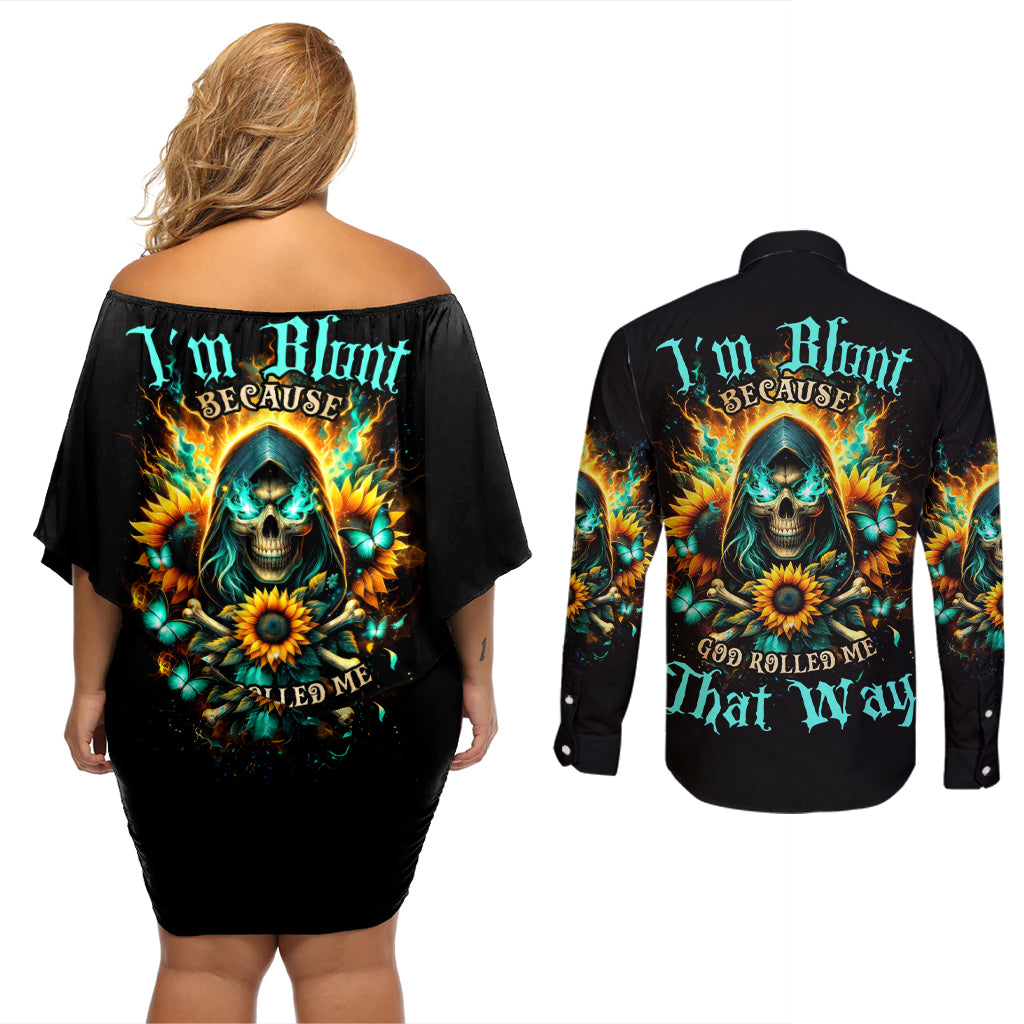 Sunflower Skull Couples Matching Off Shoulder Short Dress and Long Sleeve Button Shirt I'm Blunt Because God Rolled Me That Way - Wonder Print Shop