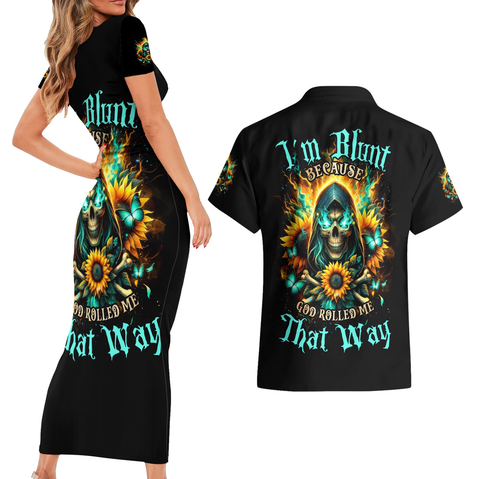 Sunflower Skull Couples Matching Short Sleeve Bodycon Dress and Hawaiian Shirt I'm Blunt Because God Rolled Me That Way - Wonder Print Shop