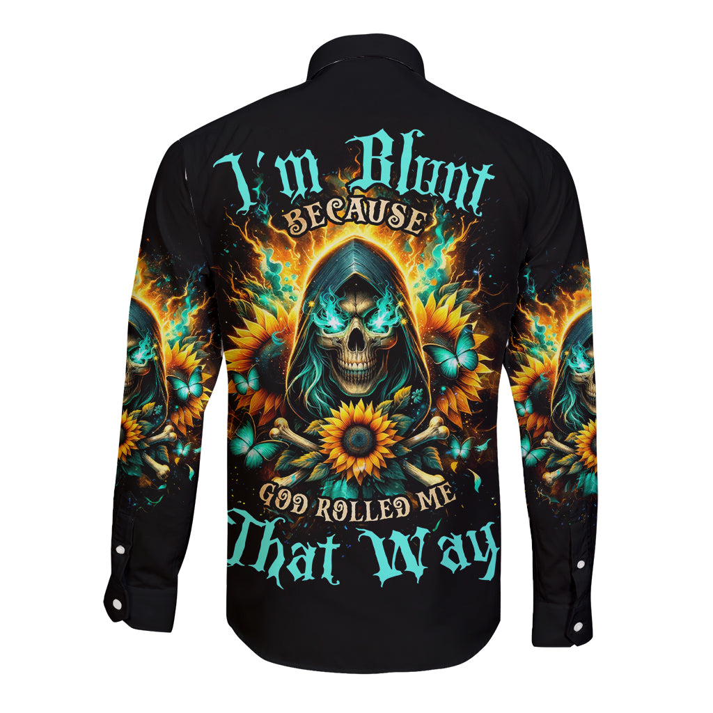 Sunflower Skull Long Sleeve Button Shirt I'm Blunt Because God Rolled Me That Way - Wonder Print Shop