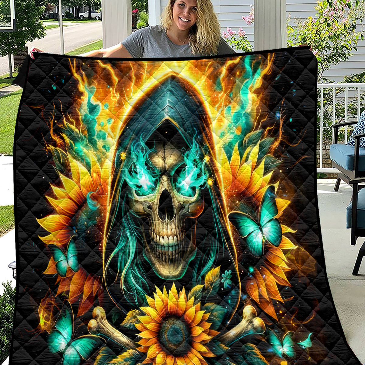 Sunflower Skull Quilt I'm Blunt Because God Rolled Me That Way