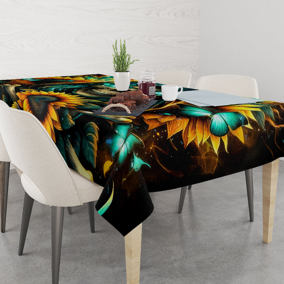 Table with black sunflower skull tablecloth, teal butterflies, and yellow petals