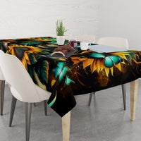 Table with black sunflower skull tablecloth, teal butterflies, and yellow petals