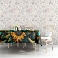 Sunflower skull tablecloth on couch table with teal flowers and butterfly artwork