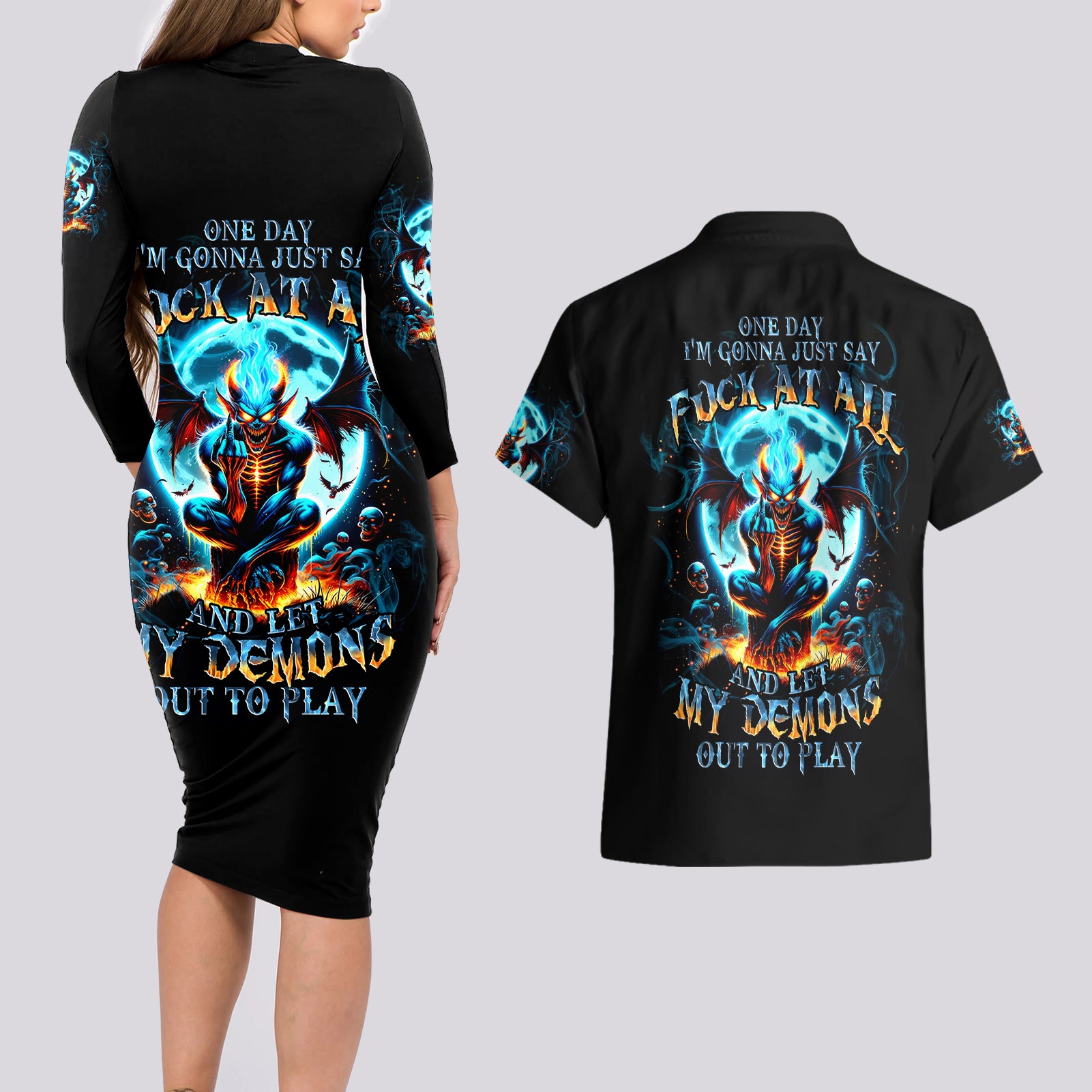 Devil Skull Couples Matching Long Sleeve Bodycon Dress and Hawaiian Shirt One Day I'm Gonna Just Say And Let My Demons Out Play - Wonder Print Shop