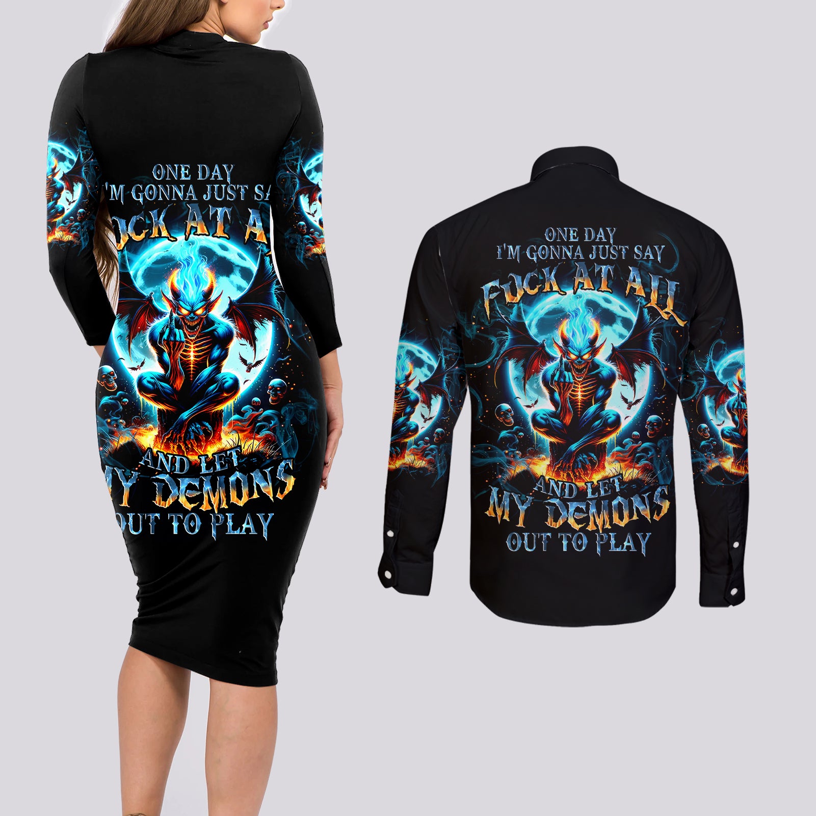 Devil Skull Couples Matching Long Sleeve Bodycon Dress and Long Sleeve Button Shirt One Day I'm Gonna Just Say And Let My Demons Out Play - Wonder Print Shop