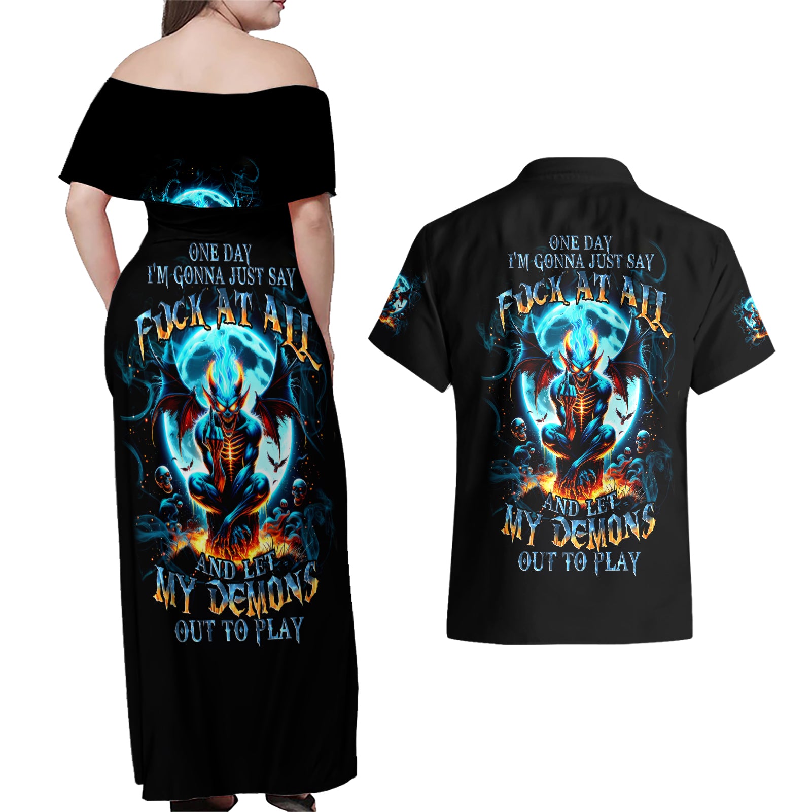 Devil Skull Couples Matching Off Shoulder Maxi Dress and Hawaiian Shirt One Day I'm Gonna Just Say And Let My Demons Out Play - Wonder Print Shop