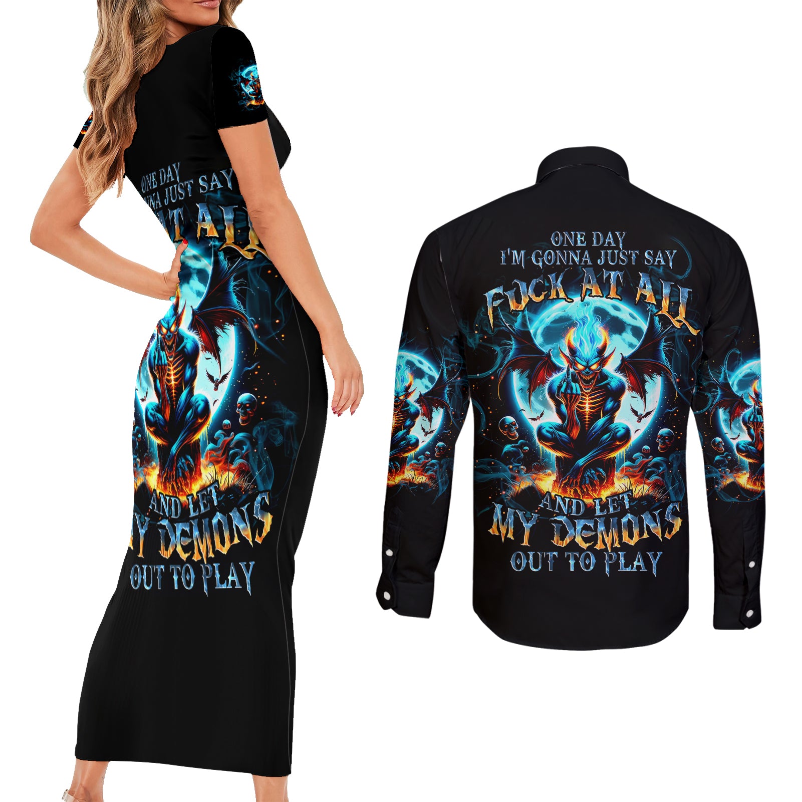 Devil Skull Couples Matching Short Sleeve Bodycon Dress and Long Sleeve Button Shirt One Day I'm Gonna Just Say And Let My Demons Out Play - Wonder Print Shop