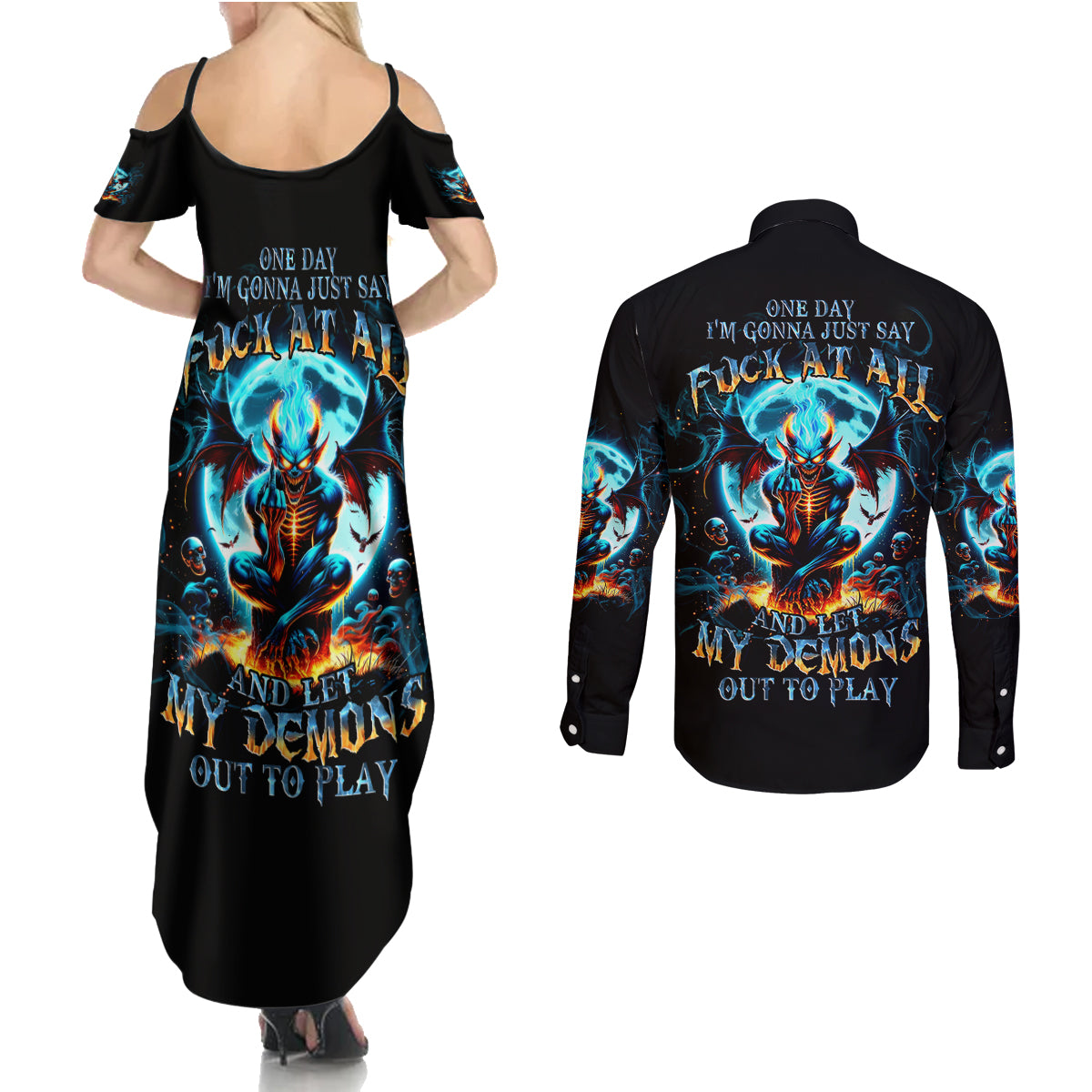 Devil Skull Couples Matching Summer Maxi Dress and Long Sleeve Button Shirt One Day I'm Gonna Just Say And Let My Demons Out Play - Wonder Print Shop