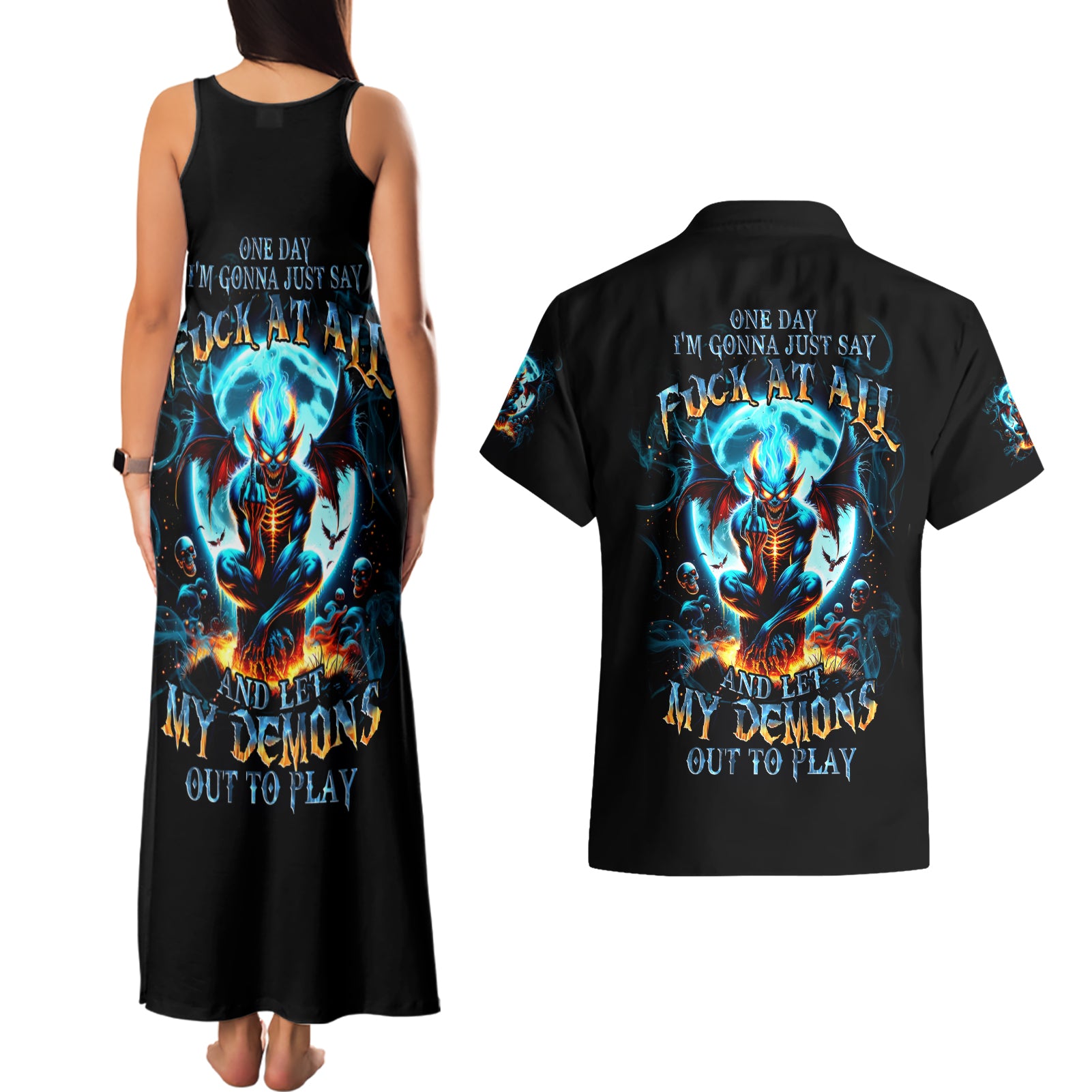 Devil Skull Couples Matching Tank Maxi Dress and Hawaiian Shirt One Day I'm Gonna Just Say And Let My Demons Out Play - Wonder Print Shop