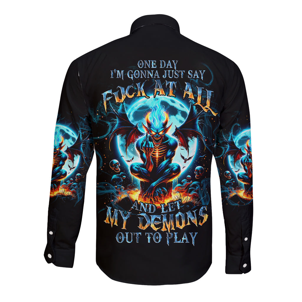 Devil Skull Long Sleeve Button Shirt One Day I'm Gonna Just Say And Let My Demons Out Play - Wonder Print Shop