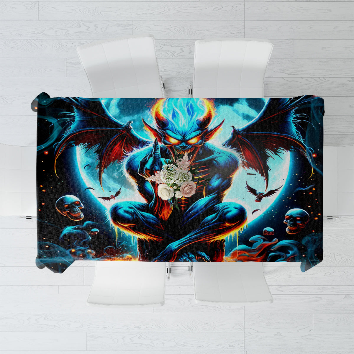 Skull-themed tablecloth with blue and orange demon illustration on dark background