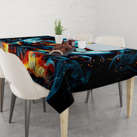 Skull-themed tablecloth draped on table, blue flame demon graphic