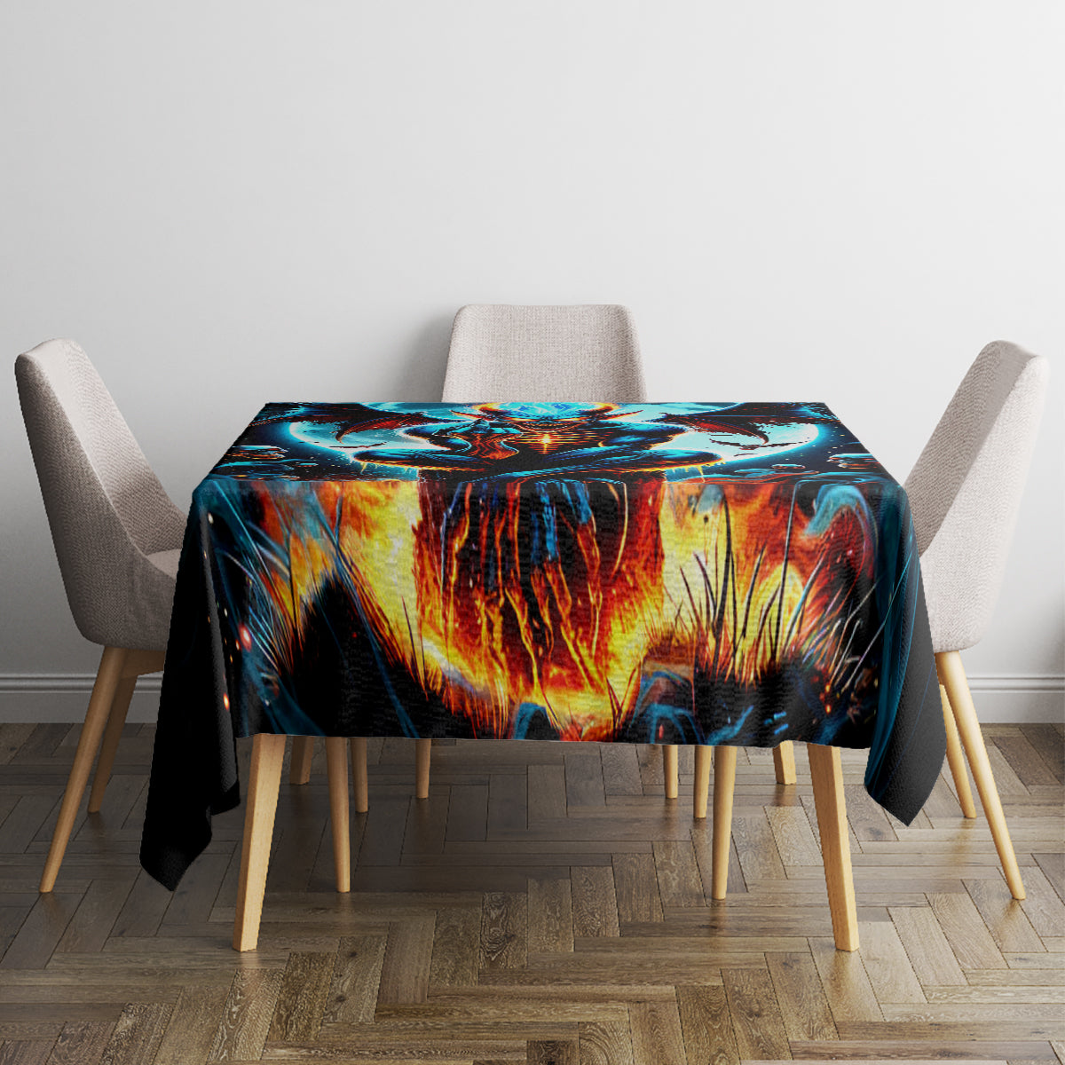Skull-themed tablecloth on small table with four chairs, fiery blue demon design