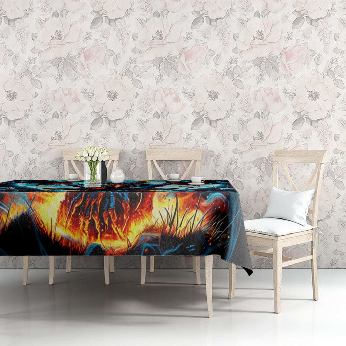 Skull-themed tablecloth on dining table, blue-and-orange inferno skull artwork