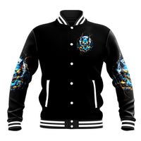 Black varsity jacket with blue wolf skull patch, button front, and striped ribbed cuffs