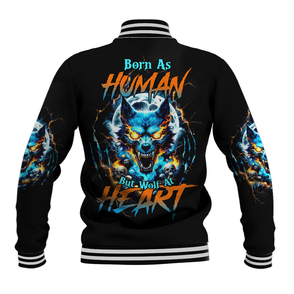 Black baseball jacket with blue wolf skull graphic and ribbed striped collar and cuffs