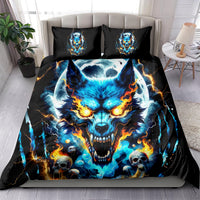 Black wolf skull bedding set with large blue wolf head, orange flames, and 2 matching pillowcases