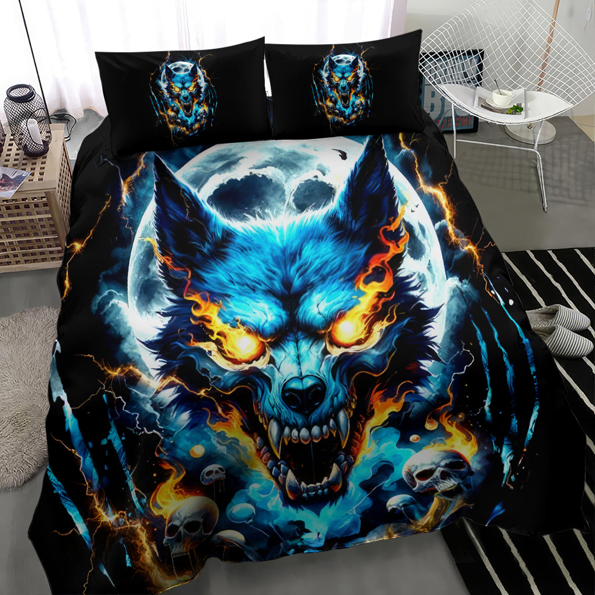 Black wolf skull bedding set with bold blue fiery wolf head design and 2 pillow shams
