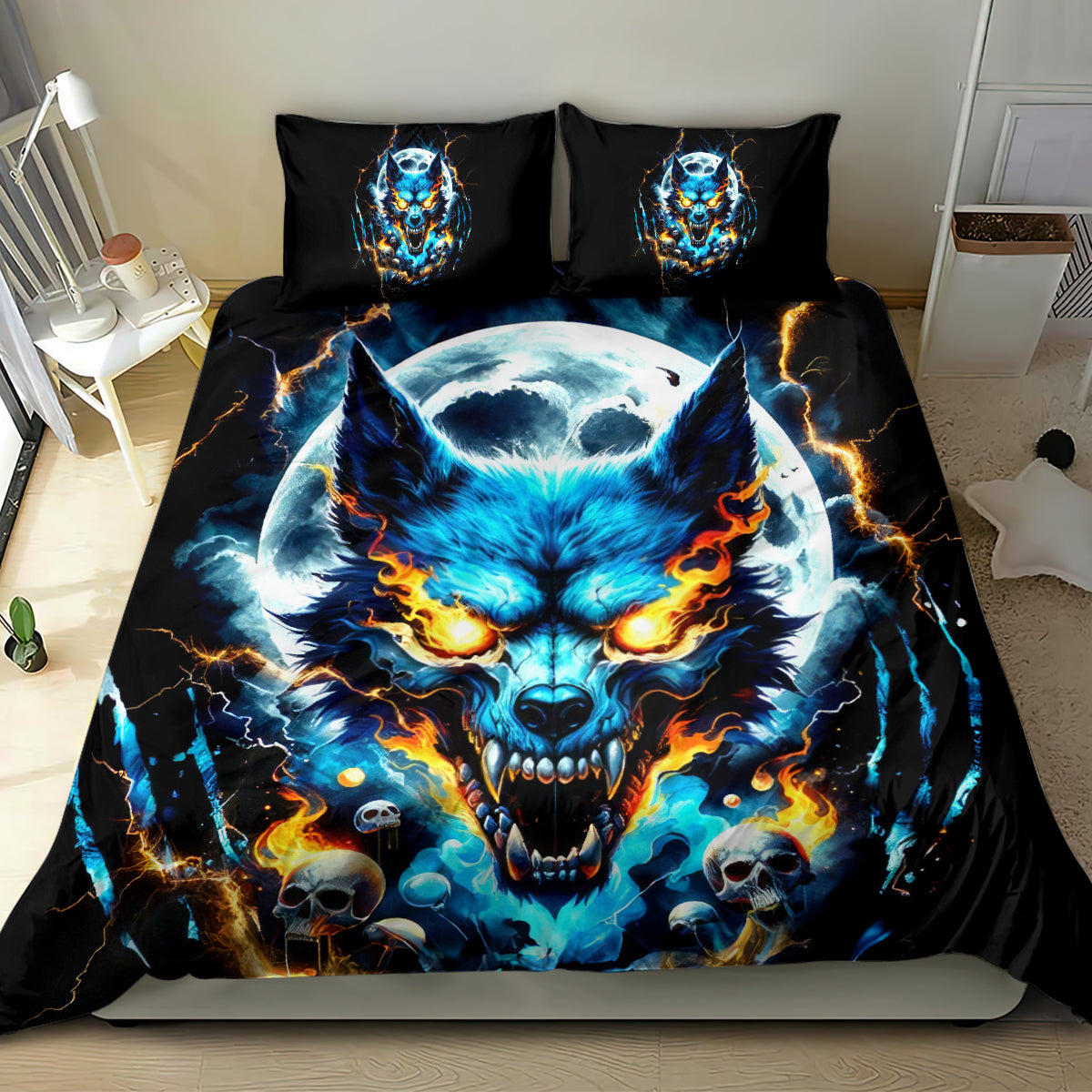 Black wolf skull bedding set with glowing blue wolf face, orange flames, and scattered skull motifs
