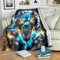 Wolf skull graphic throw blanket with blue flames and skulls, black border