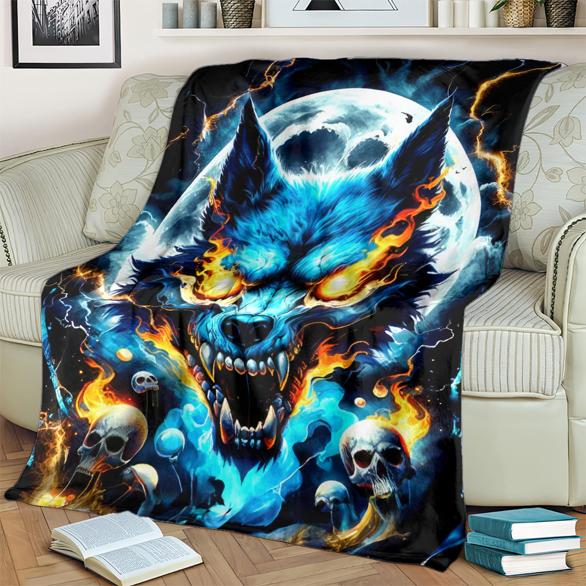 Blue wolf skull blanket with fiery orange flames and skulls, black backing